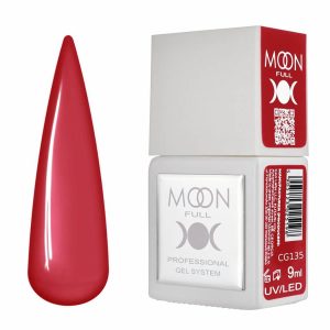Bote del gel polish Moon Full CG135 en tono rojo atardecer cálido.